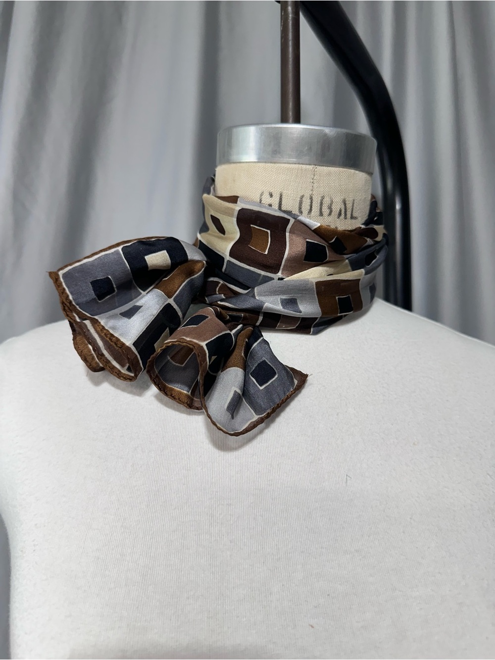 Vintage Womens Rectangel Scarf Wrap Brown Geometric Scarves Hair Lightweight